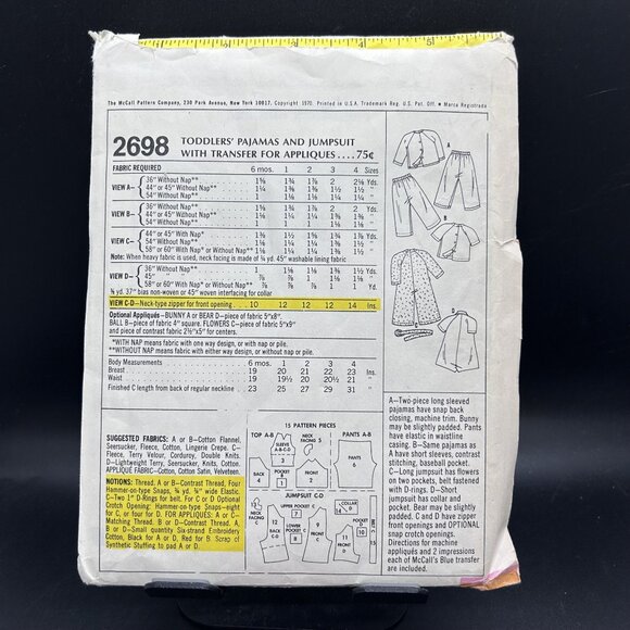 McCall's 2698 “Toddlers Pajamas & Jumpsuit” (Size 4) Sewing Pattern Uncut FF - Picture 2 of 5